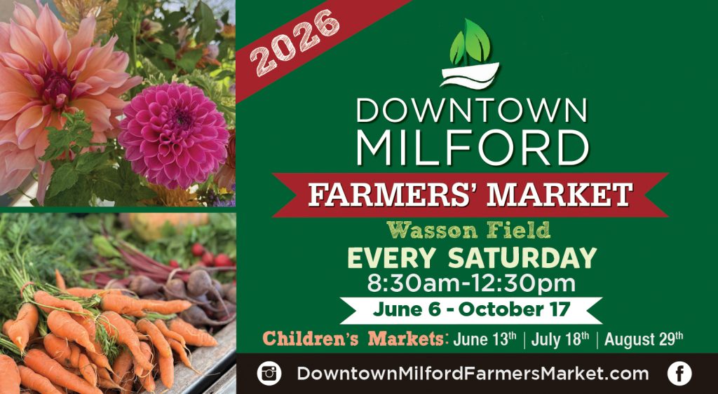 Downtown Milford Farmers Market 2026 season from June 6 to October 17 every Saturday in Milford, CT, New Haven County, near Fairfield County, featuring fresh produce from farmers who practice organic farming and we featuring meats, dairy, baked goods (including gluten free), best foodie spots with delicious food trucks, local vendors and lots of children activities. Get your groceries done from summer to fall while enjoying family-friendly activities, live music, food trucks, and hands-on children’s programs. There’s always something to do in CT right here in Milford, the ultimate farmers market destination.