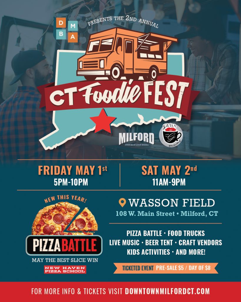 Pizza battle happening during CT Foodie Fest happening in Downtown Milford on Mary 1 and May 2 in 2026. So if you are looking for a foodie event, family friendly and looking for things to do in CT right here between Fairfield County and New Haven County? Milford, CT. Presented by the Downtown Milford Business Association. Partnership with The tea with Gi and Milford Junior Major Baseball League. The event will feature pizza, beer tent, tug of war competition, kids section, 30+ food trucks from all over CT. Let the best slice of pizza win with the New Haven Pizza School.