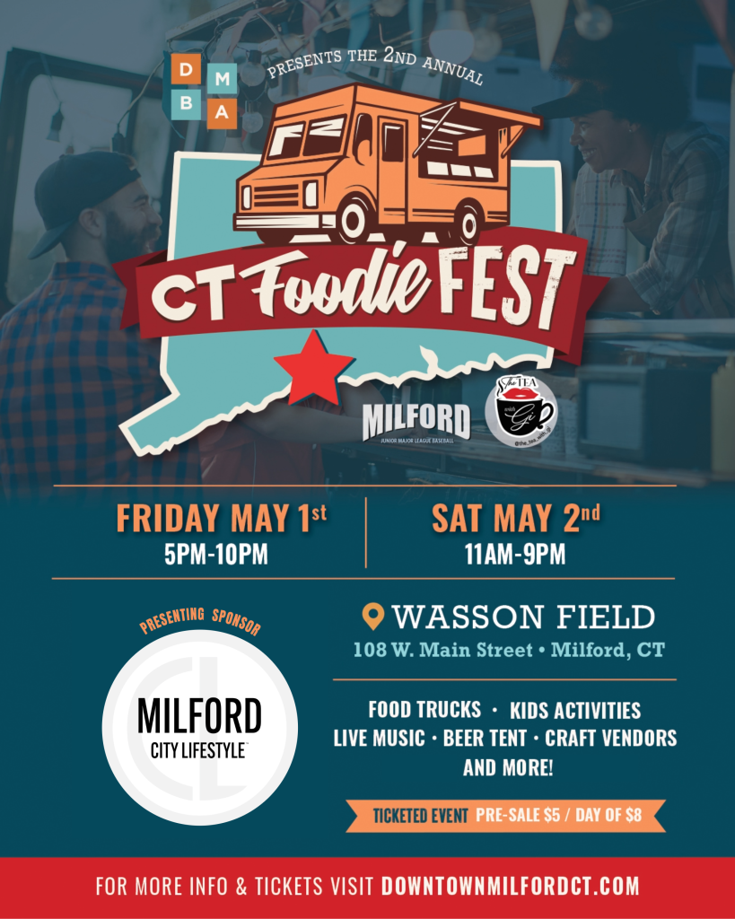 Best Food festival in CT - Things to do in Connecticut: 2nd Annual CT Foodie Fest 2026 featuring over-the-top eats like BBQ, lobster, tacos, and international street food, plus live music and tug of war—one of the best CT food festivals sponsored by Milford City Lifestyle in Downtown Milford on Mary 1 and May 2 in 2026. CT Foodie Fest is coming this spring in Connecticut, so if you are looking for a foodie event, family friendly and looking for things to do in CT right here between Fairfield County and New Haven County? Join us in Milford, CT, we are 45 minutes from New york city, a perfect weekend gateway from the city. Presented by the Downtown Milford Business Association. Partnership with The tea with Gi and Milford Junior Major Baseball League. The event will feature pizza, beer tent, tug of war competition, kids section, 30+ food trucks from all over CT.